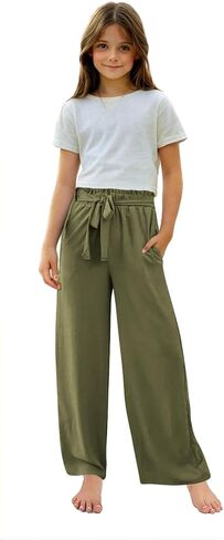 Girls Linen Wide Leg Pants Summer Loose Comfy Flowy Lounge Trousers Kids Solid Lightweight Belted Pants with Pockets in Kuwait