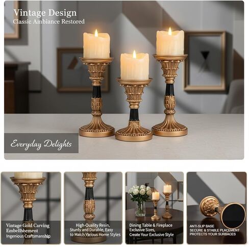 Farmhouse Candle Holder Pillar Candle 3 Piece Set, Farmhouse Living Room Mantel Decor, Table Centerpiece, 12" 10" 8" Vintage Tall Candle Holder Decor - Brown in Saudi Arabia