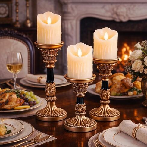 Farmhouse Candle Holder Pillar Candle 3 Piece Set, Farmhouse Living Room Mantel Decor, Table Centerpiece, 12" 10" 8" Vintage Tall Candle Holder Decor - Brown in Saudi Arabia