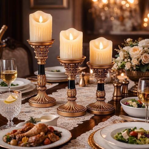 Farmhouse Candle Holder Pillar Candle 3 Piece Set, Farmhouse Living Room Mantel Decor, Table Centerpiece, 12" 10" 8" Vintage Tall Candle Holder Decor - Brown in Saudi Arabia
