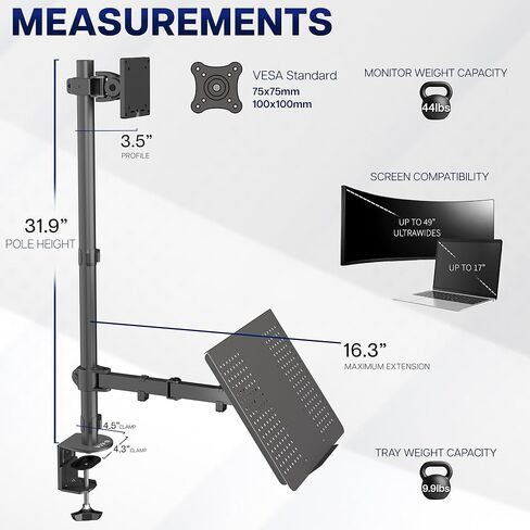 فيفو حامل لابتوب وشاشة LCD من فيفو طويل للغاية قابل للتعديل يناسب شاشة واحدة حتى 27 بوصة (STAND-V012C) in Kuwait