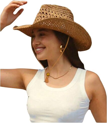Women's Western Cowgirl Hats Braided Straw Boho Sun Hats Country Concert Outfits in Saudi Arabia