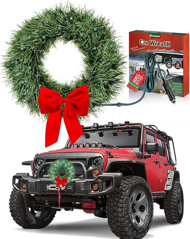 moveland Large LED Car Wreath - 13" Artificial Christmas Wreath for Car Front Grill -𝟭𝟮𝗩 Plug-in Wreath Lighting with Red Bow - Christmas Car Decoration for Jeeps Trucks SUVs RVs in Saudi Arabia