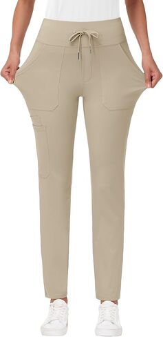 High Waisted Yoga Scrub Pants Women - Slim Fit Tapered Ankle Uniform Pant with 7 Pockets Stretch Drawstring Medical in Saudi Arabia