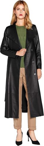 معطف واقٍ من الجلد الطبيعي للنساء مصنوع من جلد الخراف الأسود ومعطف طويل مع حزام SmartUniverseWear in Kuwait