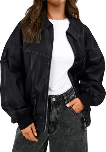 Trendy Queen Womens Leather Jackets Oversized Zip Up Motorcycle Bomber Jackets Fall Fashion Outfits Winter Clothes 2026 in Saudi Arabia