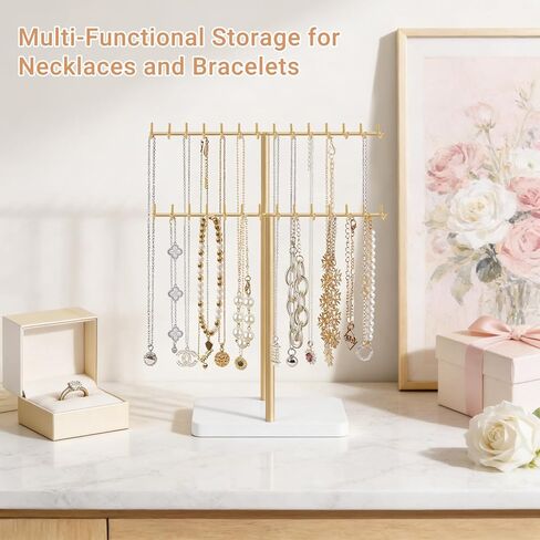 Mkono Necklace Holder Organizer Metal Jewelry Display Stand 2 Tier Bracelet Hanger Gold Tree Tower Rack with Tary for Storage Bangles and Earrings Gift for Women Bedroom Dressing Table Decor in Saudi Arabia