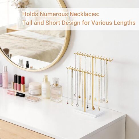 Mkono Necklace Holder Organizer Metal Jewelry Display Stand 2 Tier Bracelet Hanger Gold Tree Tower Rack with Tary for Storage Bangles and Earrings Gift for Women Bedroom Dressing Table Decor in Saudi Arabia