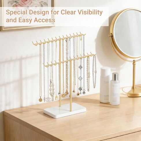 Mkono Necklace Holder Organizer Metal Jewelry Display Stand 2 Tier Bracelet Hanger Gold Tree Tower Rack with Tary for Storage Bangles and Earrings Gift for Women Bedroom Dressing Table Decor in Saudi Arabia