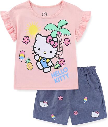Hello Kitty Sanrio Girls Short Sleeve Shirt and Chambray Shorts Set for Big Kids in Saudi Arabia