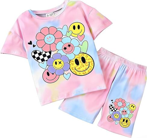 مجموعة ملابس الفتيات الصيفية المكونة من قطعتين من الملابس ذات وجه مبتسم وأكمام قصيرة وقميص قصير الأكمام in Kuwait