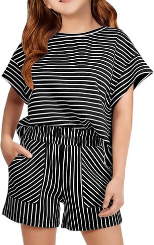 Girls 2 Piece Outfits Summer Striped T Shirt and Elastic Waist Shorts Kids Clothing Sets in Saudi Arabia