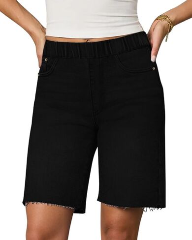 Women's Raw Hem Denim Bermuda Shorts Mid-Rise Long Jorts Baggy Pull On Strechy Jeans Shorts with Elastic Waist in Saudi Arabia