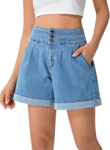 roswear Jean Shorts for Women Stretchy Wide Leg High Waisted Denim Shorts with Cuffed Hem in Saudi Arabia