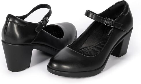 كعب ماري جين مغلق عند الأصابع مع دعم للقوس، حذاء مكتنز بمقدمة مستديرة للنساء، حذاء رسمي مريح بكعب عريض in Kuwait