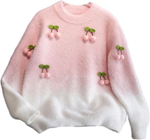 MakeMeChic Girl's 3D Cherry Fuzzy Sweater Crew Neck Long Sleeve Cute Pullover Tops in Saudi Arabia