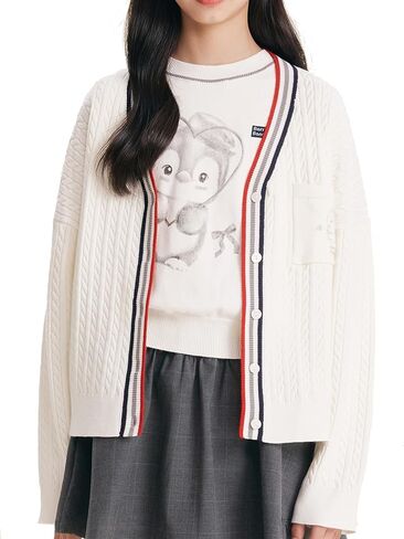 Girls Cable Knit Cardigan White V-Neck Striped Trim Pocket Long Sleeve Sweater for Girls 6-16Y in Saudi Arabia