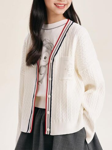 Girls Cable Knit Cardigan White V-Neck Striped Trim Pocket Long Sleeve Sweater for Girls 6-16Y in Saudi Arabia