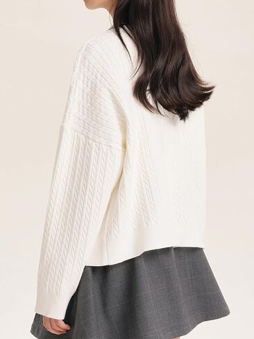 Girls Cable Knit Cardigan White V-Neck Striped Trim Pocket Long Sleeve Sweater for Girls 6-16Y in Saudi Arabia