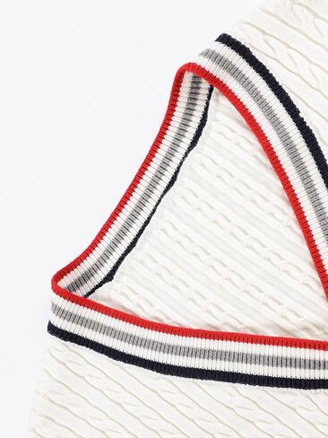 Girls Cable Knit Cardigan White V-Neck Striped Trim Pocket Long Sleeve Sweater for Girls 6-16Y in Saudi Arabia