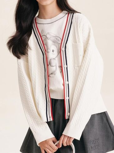 Girls Cable Knit Cardigan White V-Neck Striped Trim Pocket Long Sleeve Sweater for Girls 6-16Y in Saudi Arabia