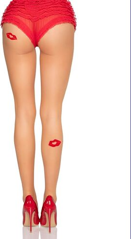 جوارب طويلة ضيقة Bisou Sheer Kiss للسيدات من Leg Avenue للنساء، أزياء ضيقة مع لمسات قبلة مطرزة، NUDE/RED، O/S in Saudi Arabia