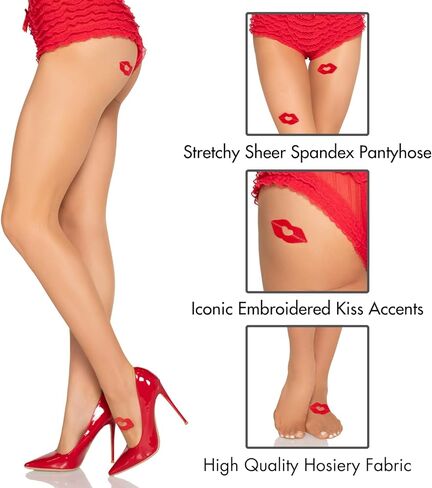 جوارب طويلة ضيقة Bisou Sheer Kiss للسيدات من Leg Avenue للنساء، أزياء ضيقة مع لمسات قبلة مطرزة، NUDE/RED، O/S in Saudi Arabia