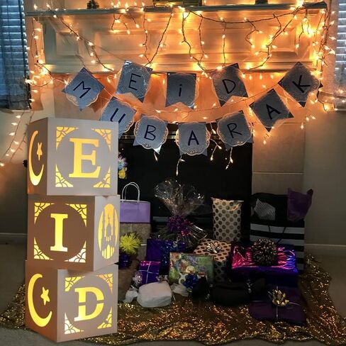 ديكورات Staraise عيد مبارك - 3 قطع صناديق مجوفة لعيد مبارك مع أضواء، ديكورات عيد مبارك للمنزل، صناديق عيد مبارك DIY لديكورات أضواء رمضان، ديكورات العيد وديكور الحفلات in Kuwait