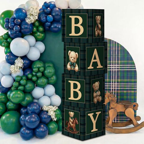 Sosation Luxury Equestrian Bear Baby Shower Decoration Green Blue Tartan Plaids Balloons Bear Baby Shower Boxes Vintage Gender Reveal Party Decor First Birthday Backdrop Elegance Supplies in Saudi Arabia