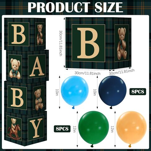 Sosation Luxury Equestrian Bear Baby Shower Decoration Green Blue Tartan Plaids Balloons Bear Baby Shower Boxes Vintage Gender Reveal Party Decor First Birthday Backdrop Elegance Supplies in Saudi Arabia