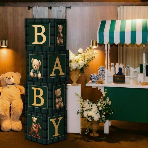 Sosation Luxury Equestrian Bear Baby Shower Decoration Green Blue Tartan Plaids Balloons Bear Baby Shower Boxes Vintage Gender Reveal Party Decor First Birthday Backdrop Elegance Supplies in Saudi Arabia