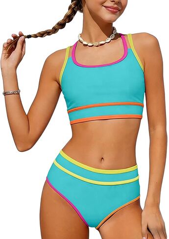 ملابس سباحة للفتيات بيكيني من قطعتين، بدلة استحمام رياضية عالية الخصر للفتيات 9-16 سنة in Kuwait