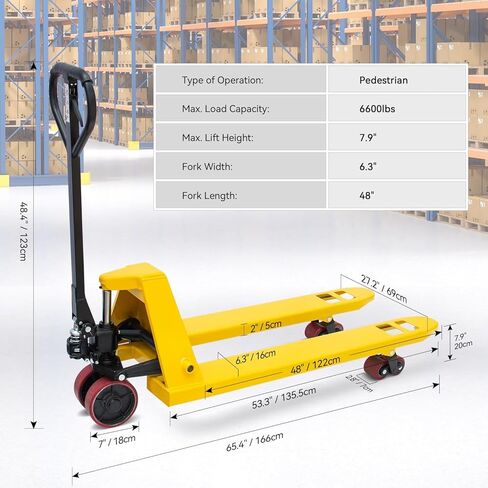 Manual Pallet Jack 6,600 LBS Capacity, 48" x 27" Heavy Duty Pallet Truck with Nylon Wheels, Industrial Hand Pallet Jack for Warehouse, Factory & Material Handling in Saudi Arabia