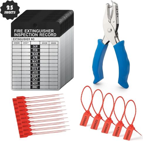 25 Sets 2026–2029 Fire Extinguisher Tags Aluminum Metal Inspection Record Tags 2.2 x 3 Inch with Hole Puncher & Numbered Security Zip Ties for Monthly Fire Extinguisher Inspection Indoor Outdoor in Saudi Arabia