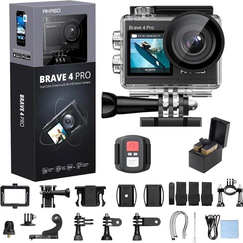 AKASO Action Camera Bundle with Brave 4 Pro 4K30fps Sports Camera, 64GB MicroSD U3 Card, Remote Control, Waterproof Case, 2x1350mAh Batteries, Charger and Other Accessories in Kuwait