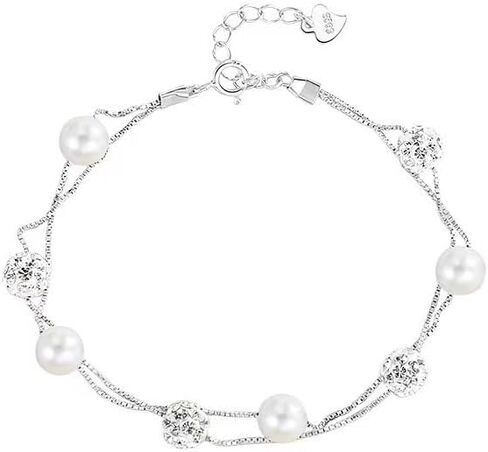 Dainty Pearl Zirconia Layered Bracelet for Women S925 Sterling Silver Pearl Crystal Beaded Bracelet to Daughter Mother Adjustable Link Chain Bracelets Birthday Wedding Jewelry Gifts in Saudi Arabia