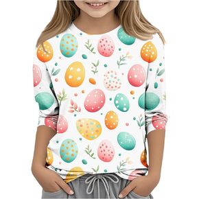 Funny Cute Easter Eggs Bunny Graphic Print Tee Shirts for Girls 3/4 Sleeve Easter Tops Kids Kawaii Holiday Tunic Blouse in Kuwait
