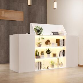 مكتب استقبال AIEGLE مقاس 61 بوصة مزود بمصابيح LED وأدراج قابلة للقفل، وعداد فحص مع خزانة وأرفف عرض، ومكتب استقبال أمامي أبيض حديث مع صينية لوحة مفاتيح للردهات والصالونات والبيع بالتجزئة in Kuwait