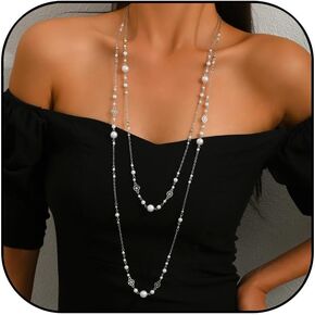 Long Pearl Necklaces for Women Trendy Layered Pearl Statement Necklace Dainty Long Chain Necklace Sweater Strand Chain Jewelry Gift in Saudi Arabia