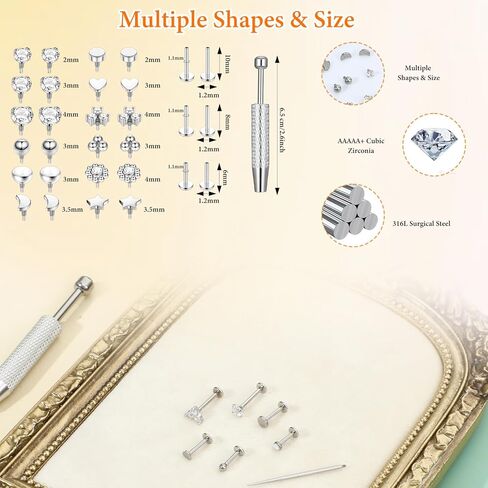 16G Flat Back Stud Earrings for Women Men, 316L Surgical Stainless Steel Internal Thread Tragus Helix Cartilage Conch Nose Medusa Piercing Jewelry With Piercing Ball Grabber Tool in Saudi Arabia