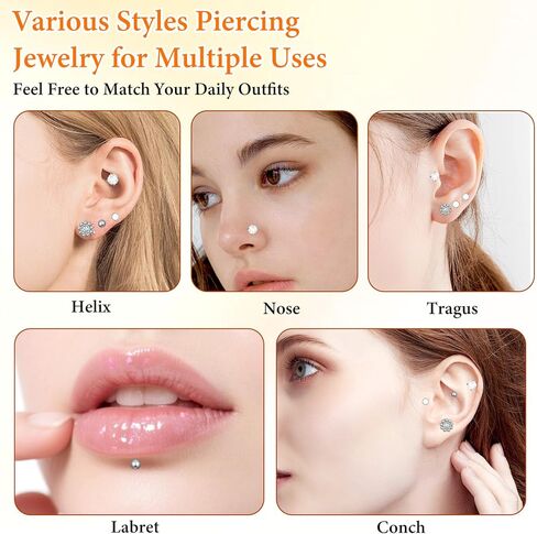 16G Flat Back Stud Earrings for Women Men, 316L Surgical Stainless Steel Internal Thread Tragus Helix Cartilage Conch Nose Medusa Piercing Jewelry With Piercing Ball Grabber Tool in Saudi Arabia