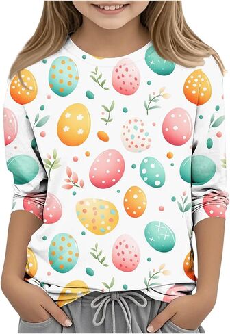 Funny Cute Easter Eggs Bunny Graphic Print Tee Shirts for Girls 3/4 Sleeve Easter Tops Kids Kawaii Holiday Tunic Blouse in Kuwait