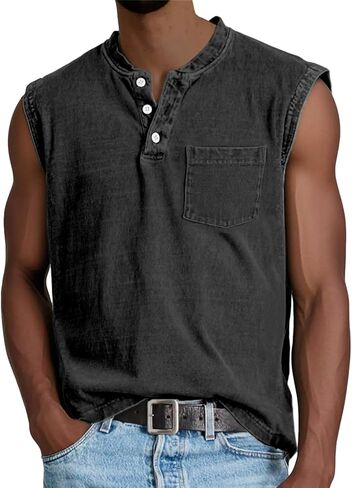 Mens Tank Vintage Button Sleeveless Sports Henley Shirts Summer Cotton Casual Classic Solid Beach Tops with Pocket in Saudi Arabia