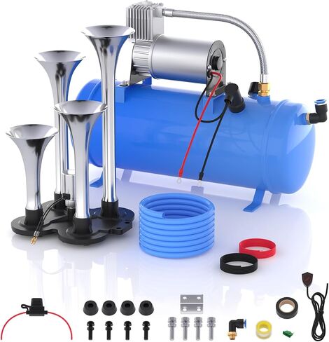 Train Horn for Truck, 178DB Loud Air Horn Kit with 4 Trumpets, 150 PSI 12V Air Compressor, 1.6Gal/6L Tank, Suit for Car Truck Pickup Semi Train Boat in Saudi Arabia