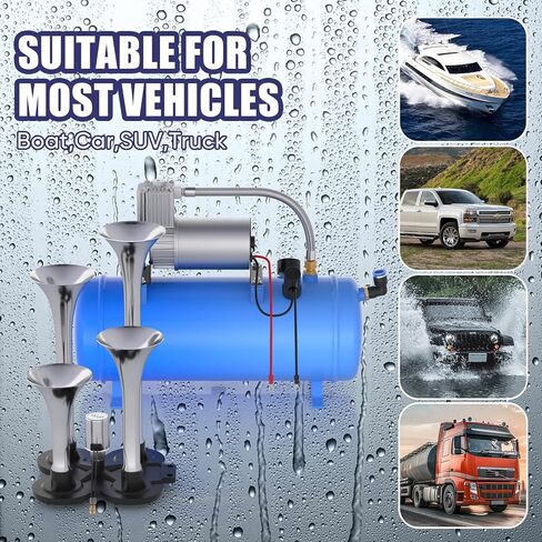 Train Horn for Truck, 178DB Loud Air Horn Kit with 4 Trumpets, 150 PSI 12V Air Compressor, 1.6Gal/6L Tank, Suit for Car Truck Pickup Semi Train Boat in Saudi Arabia