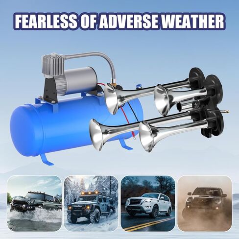 Train Horn for Truck, 178DB Loud Air Horn Kit with 4 Trumpets, 150 PSI 12V Air Compressor, 1.6Gal/6L Tank, Suit for Car Truck Pickup Semi Train Boat in Saudi Arabia