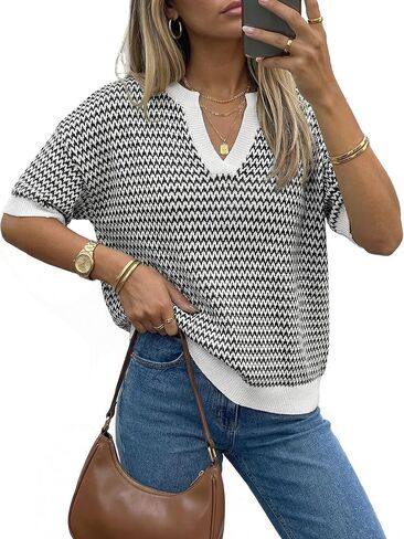 Arach&Cloz Women's 100% Cotton Polo V Neck Striped Short Sleeve Spring Casual Pullover Sweaters 2026 in Saudi Arabia