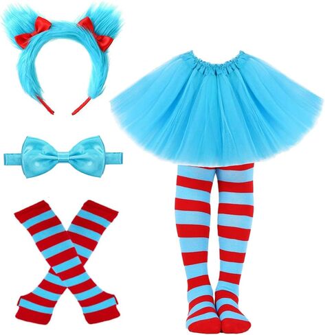 World Book Day Thing Costume Set Include Tutu Skirt Plush headband Headband Bowtie Striped Knee Socks and Gloves in Saudi Arabia