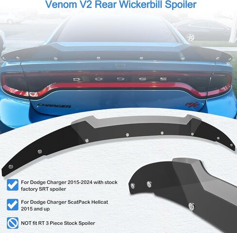 Bonbo Venom V2 جناح خلفي من Wickerbill لشاحن دودج 2015-2024 SRT ScatPack Hellcat، جناح خلفي من النوع الإضافي مكون من قطعتين مع أداة RivNut (أسود لامع) in Saudi Arabia