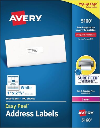 ملصقات بريدية بيضاء سهلة التقشير من Avery لطابعات الليزر، 1 × 2.62 بوصة، صندوق مكون من 3000 ملصق (5160)، عبوتان in Saudi Arabia